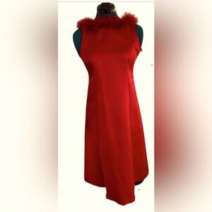 Vtg 1980s Rare Editions Red Formal Short Sleeve Dress W/ Red Feather Trim Sz 14